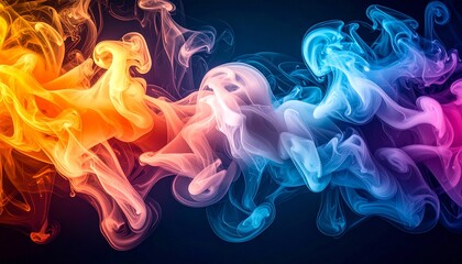 Colorful swirling smoke in abstract motion on a dark background. Vivid and dynamic blend of neon colors, creating a vibrant and artistic visual. Ideal for modern digital art, design or backgrounds
