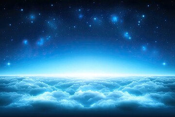Celestial dawn above a vast cloud sea.  Stars twinkle above a luminous horizon,  illuminating fluffy clouds below