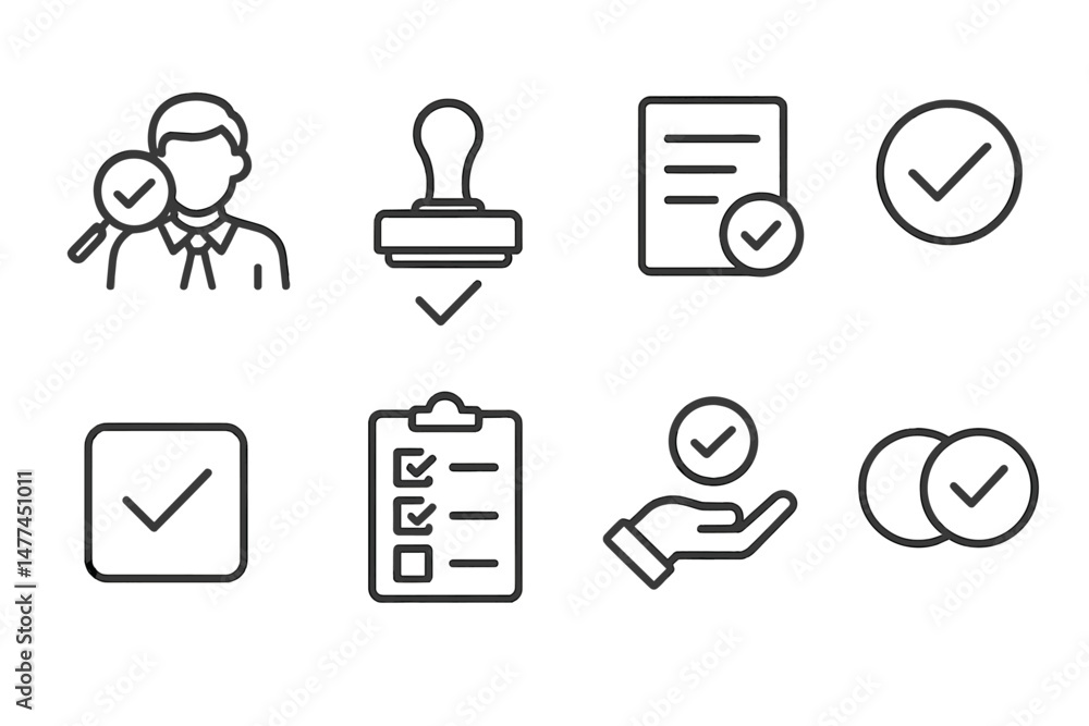 Poster vector icons representing verification, approval, and assessment processes in a professional context