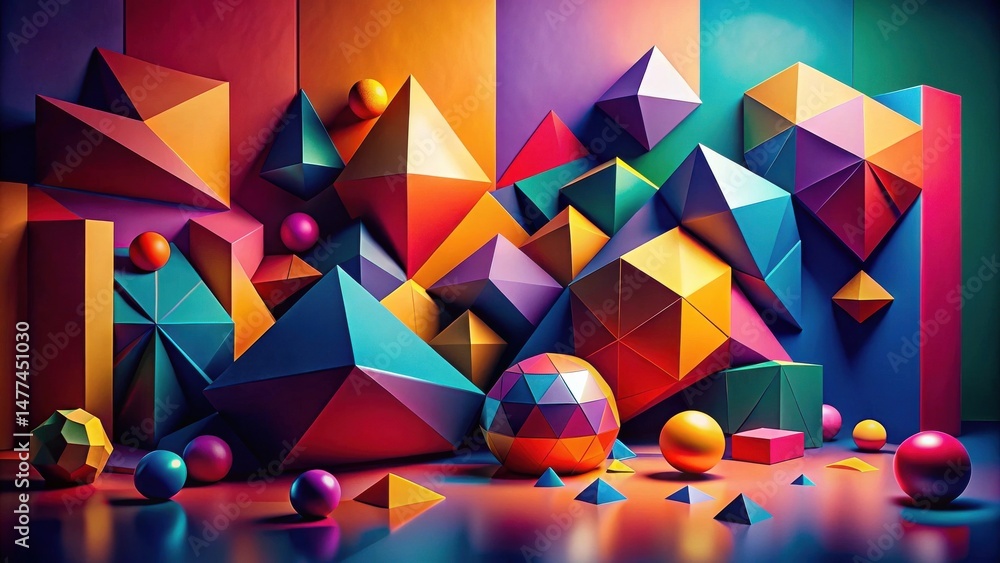 Poster vibrant abstract composition featuring multifaceted geometric shapes and spheres in a bold and color