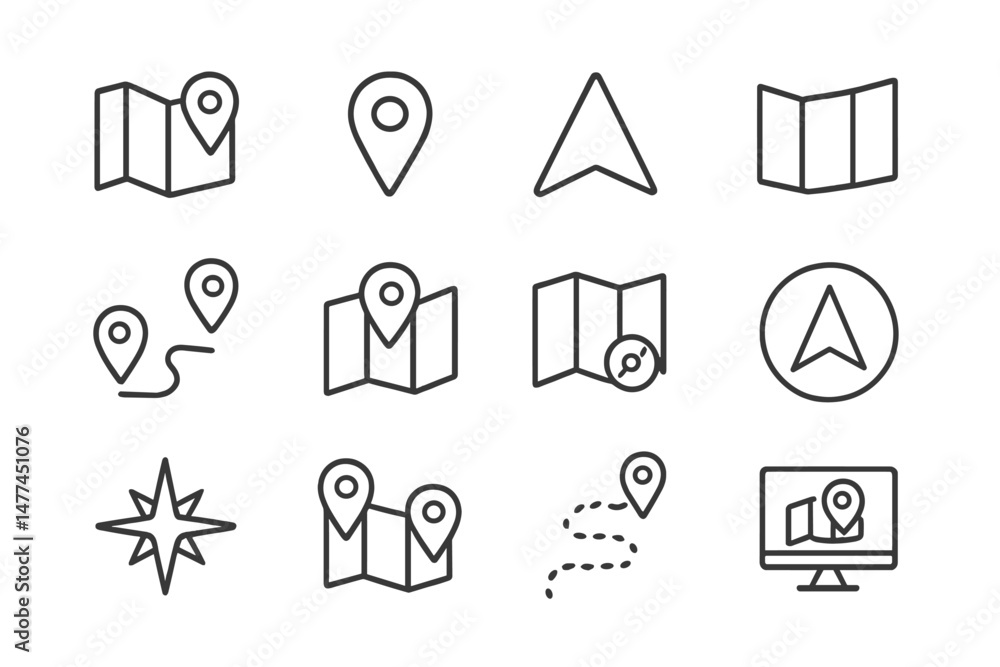 Poster vector icon collection featuring various map symbols, directions, and location markers for navigatio