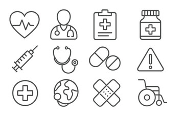Vector icons representing various aspects of healthcare, including medical symbols, professional figures, and health-related items