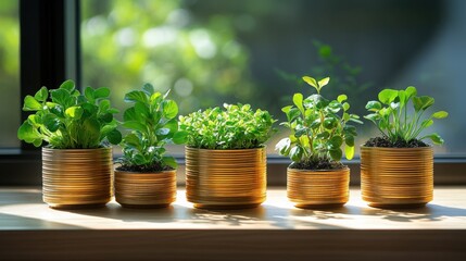 Wealth cultivation metaphor: coin stacks as planters, vibrant green against gold, soft natural lighting