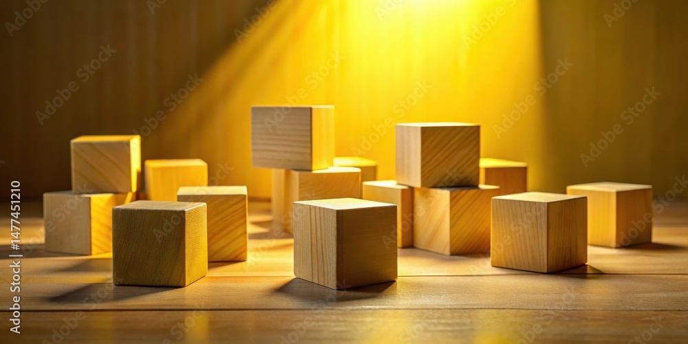 Aufkleber illuminated wooden blocks on a tabletop, a study in simple geometry and light