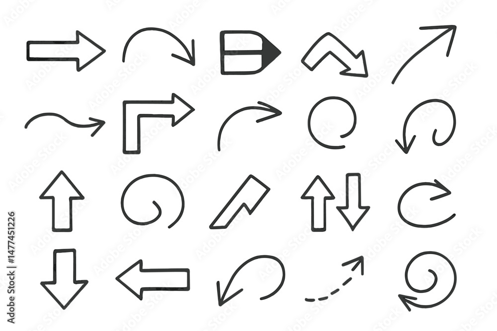 Poster collection of vector icons representing various arrow styles and directions for design use