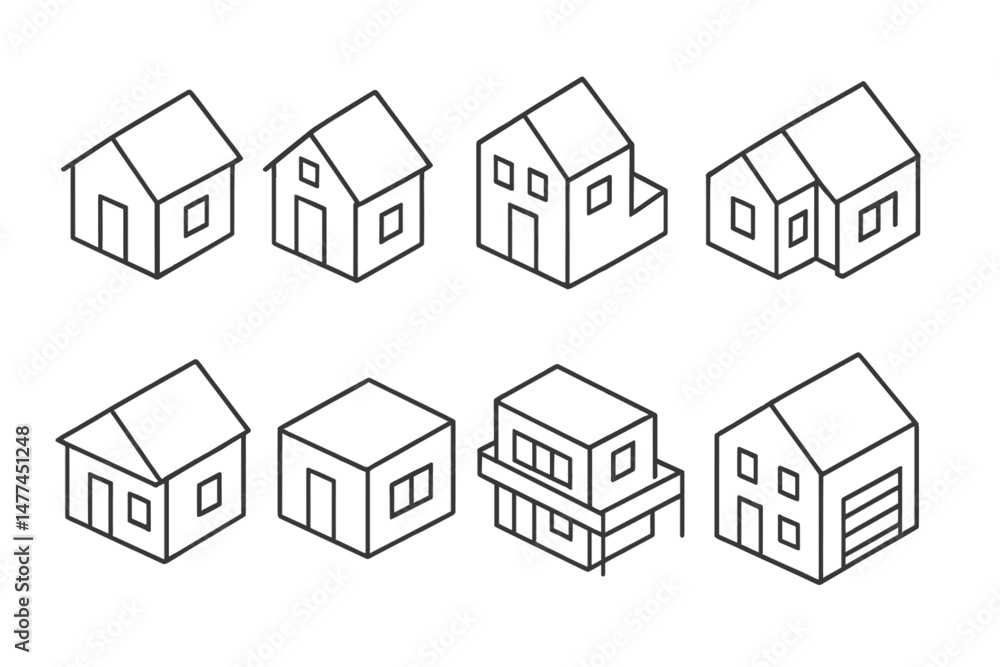 Poster vector icon set of various house designs showcasing different architectural styles and shapes