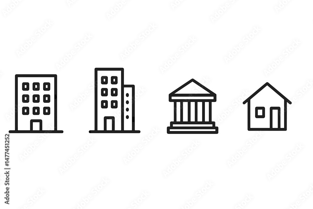 Aufkleber vector icon set showcasing various building types including residential, commercial, and institution