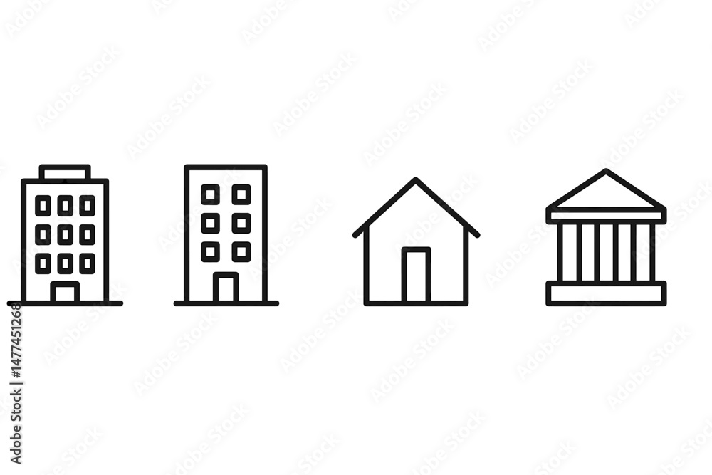 Poster collection of vector icons representing different types of buildings including a skyscraper, apartme