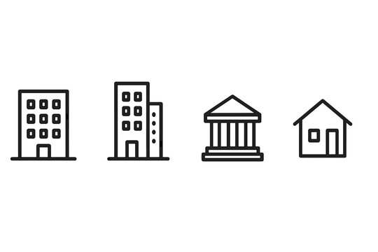 Vector icon set showcasing various building types including residential, commercial, and institutional structures in a simple design