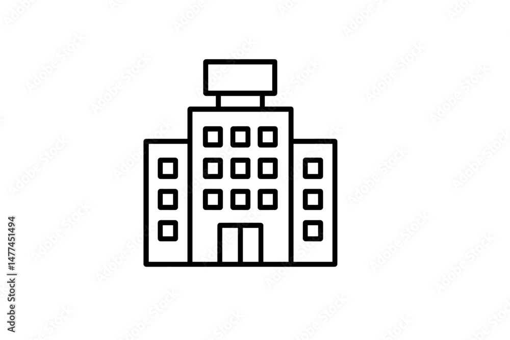Poster vector icon of a modern building with multiple windows and a sign on the roof, representing urban ar