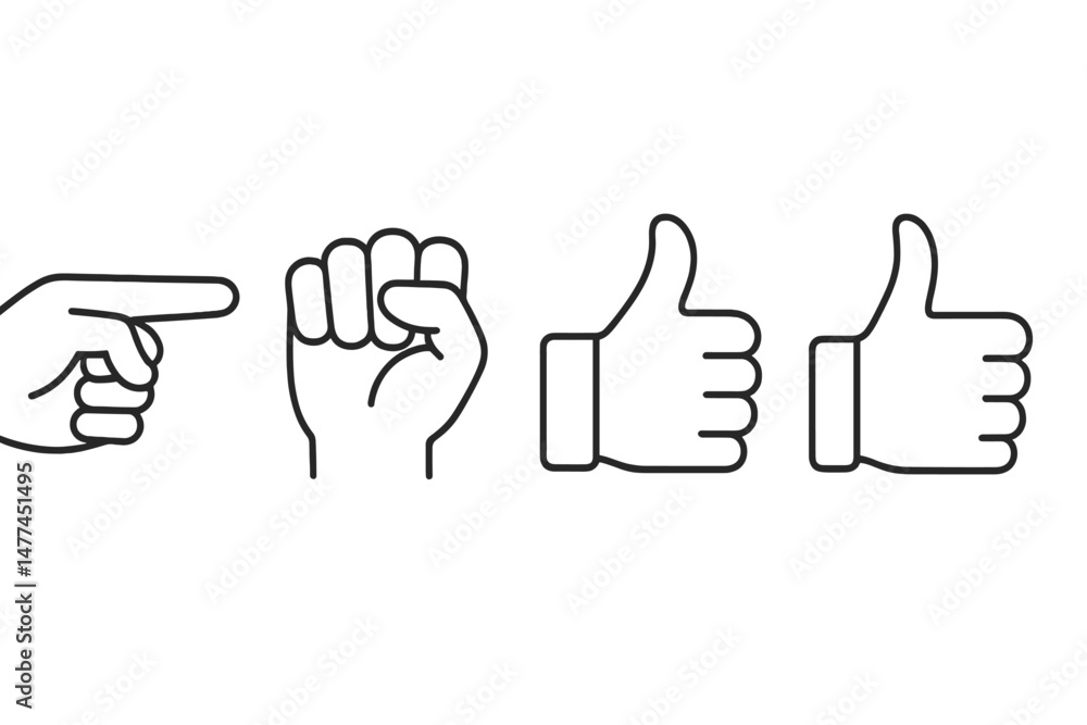 Aufkleber vector icons representing hand gestures for pointing, fist, and thumbs up in a simple design style