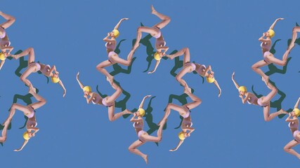 Stop motion. Animation. Swimmers in purple suits and yellow caps arranged in circular symmetry to evoke surreal motion illusion. Concept of summer, vacation, holidays, sport, fashion and style.