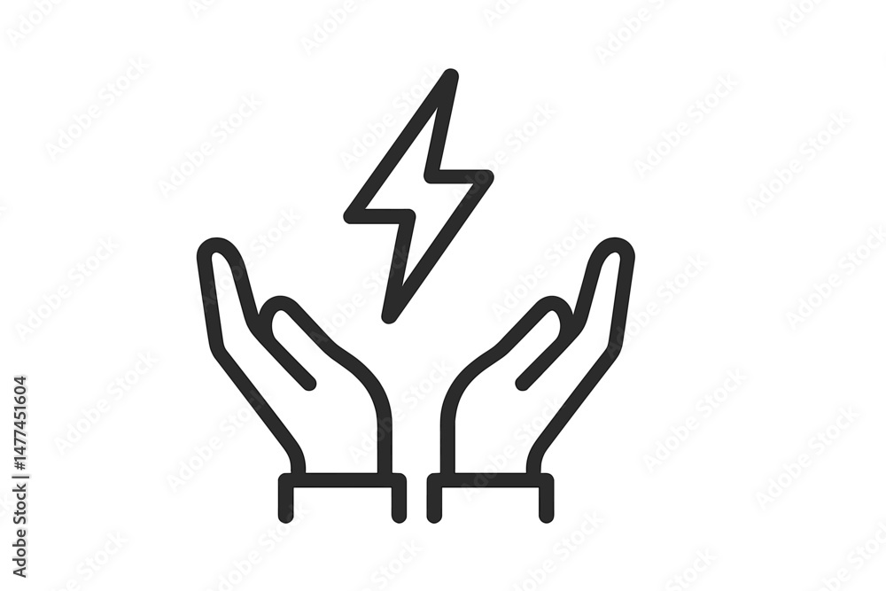 Poster hands holding a lightning bolt icon symbolizing energy and power in a minimalist vector design for d