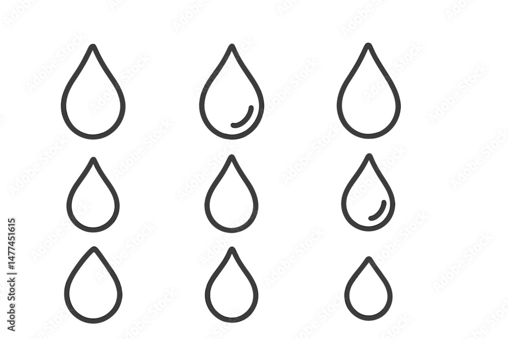 Poster simple vector icons of water droplets in various sizes and styles arranged in a structured layout fo