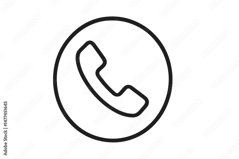 Poster simple vector icon illustrating a classic telephone handset in a circular outline for design and com