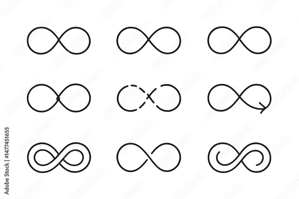 Poster various stylish vector icons of infinity symbols in different designs and patterns for graphic use a