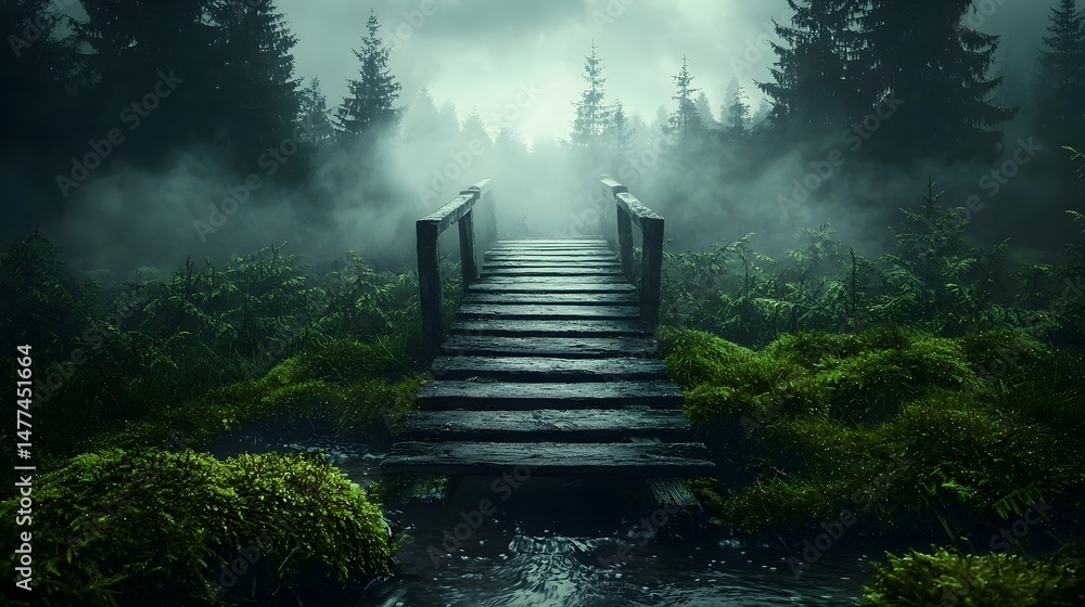 Poster photograph of a wooden bridge with handrails standing over a small river in a misty pine forest with