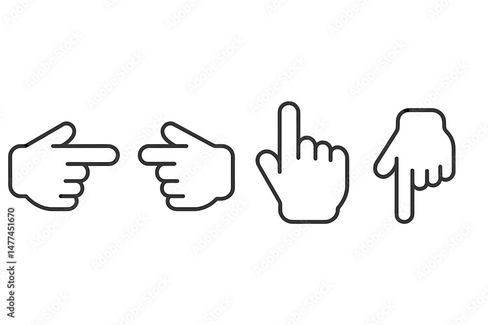 Poster collection of vector icons depicting hands pointing in different directions for design elements or u