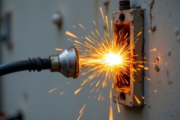 Electrical Arc Flash: Intense sparks and bright light erupt from an electrical arc flash during industrial work, highlighting the potential dangers of electricity.