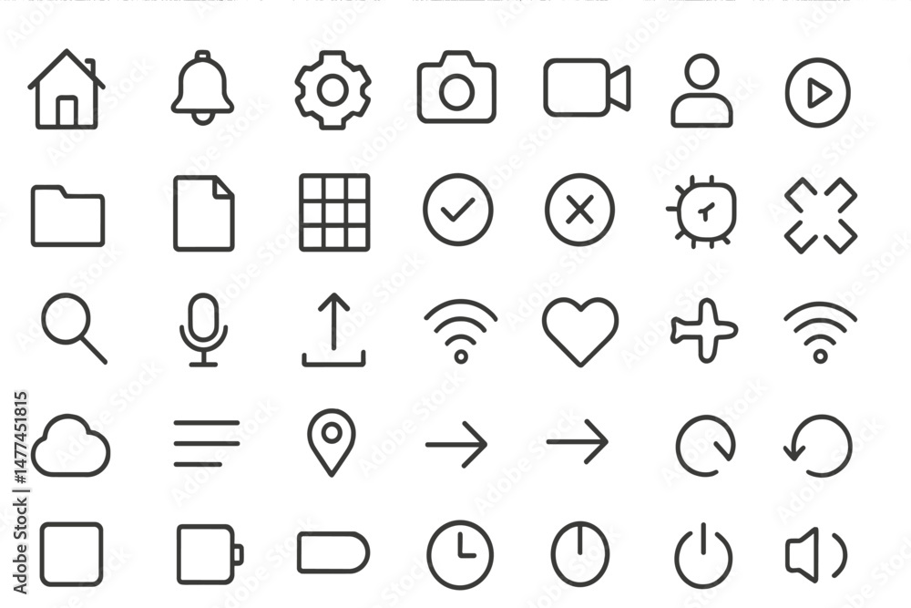 Poster collection of vector icons representing various digital functions and user interface elements in a s