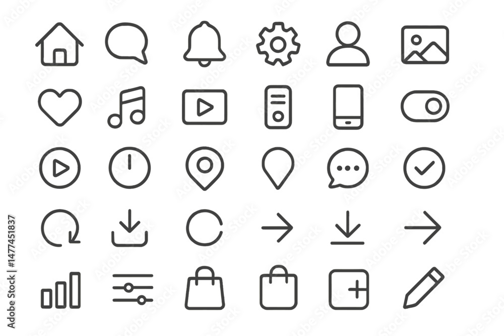 Poster vector icon set featuring various symbols representing communication, media, and user interface elem