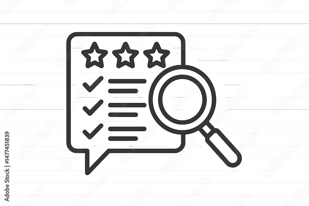 Poster vector icon depicting a review checklist with stars and a magnifying glass on a lined background for