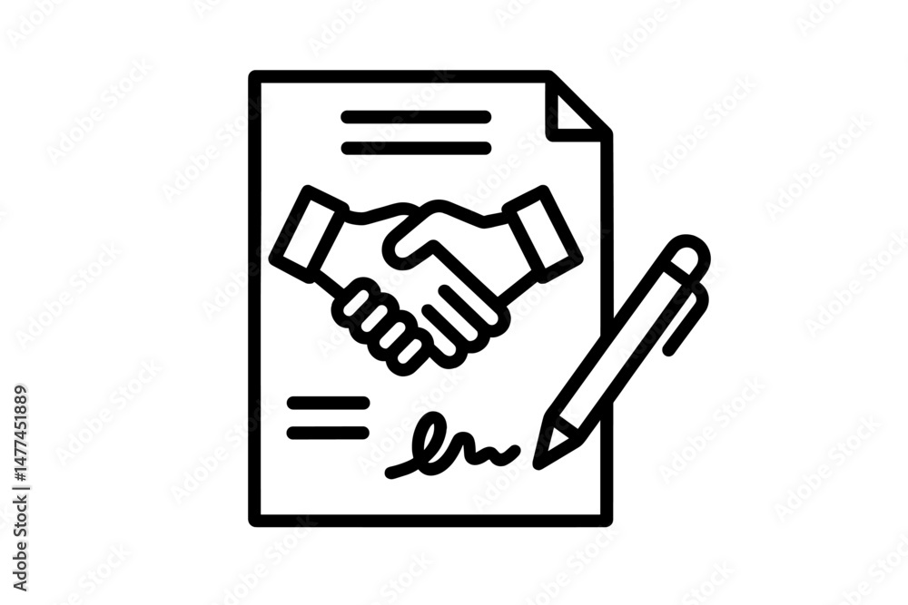 Poster handshake agreement vector icon with a document and pen representing negotiation and contract signin