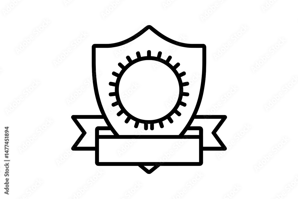 Poster vector icon depicting a shield design featuring a central sun motif with a ribbon banner at the bott