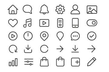 Vector icon set featuring various symbols representing communication, media, and user interface elements in a minimalist style