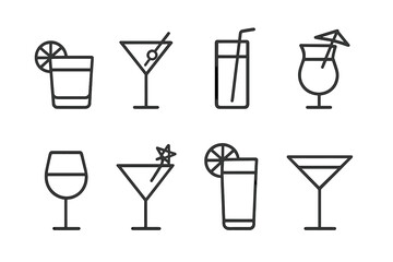 Vector icon set featuring various cocktail and drink designs suitable for bar menus, event promotions, and beverage branding activities