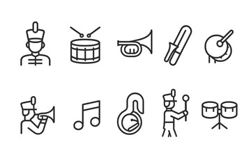 Obraz premium Musical band vector icons featuring instruments and musicians playing in a lively performance setting