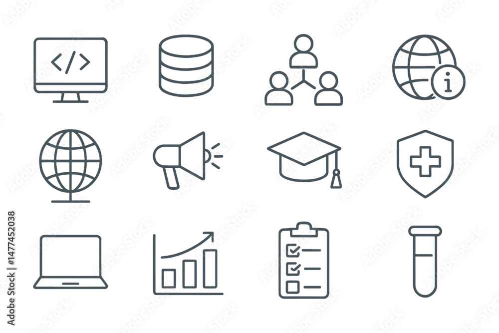 Poster collection of vector icons representing technology, education, and global communication in a minimal