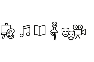Creative activities represented by vector icons showcasing art, music, literature, dance, and theater in a simple design