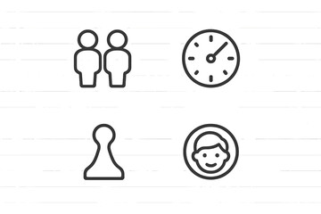 Vector icon set featuring two people, a clock, a game piece, and a smiling child illustration