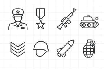 Military vector icons including uniformed personnel, medals, weapons, and vehicles for use in military-themed designs
