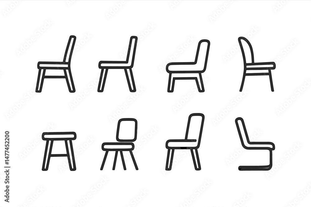 Poster collection of vector icons depicting various chair designs in different orientations and styles for 