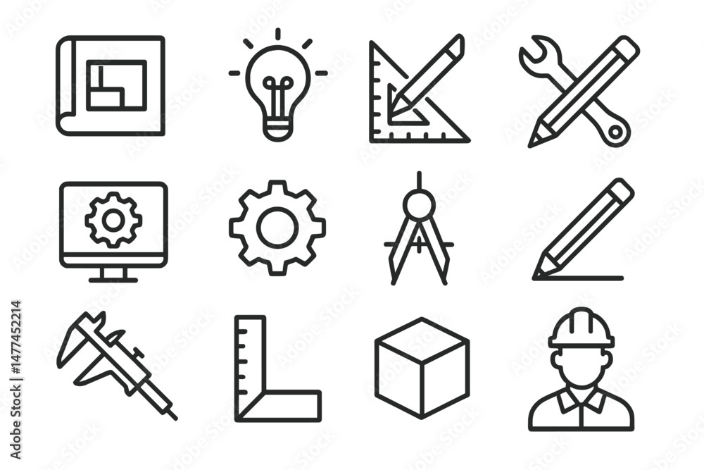 Poster creative vector icons depicting essential tools and concepts used in design and engineering projects