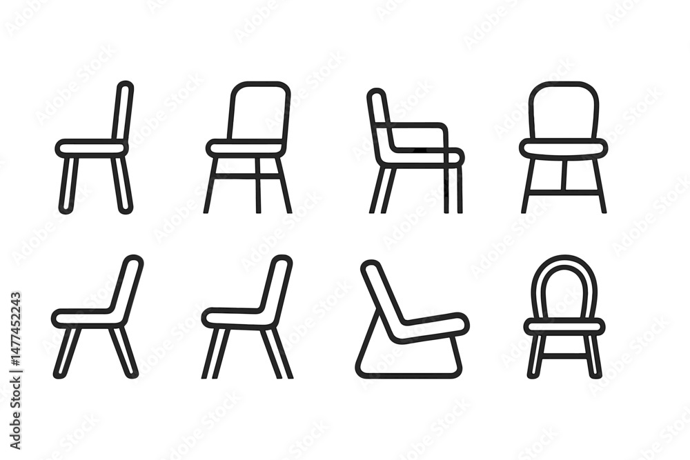 Poster various vector icon designs of chairs presenting different styles and angles in a minimalist format