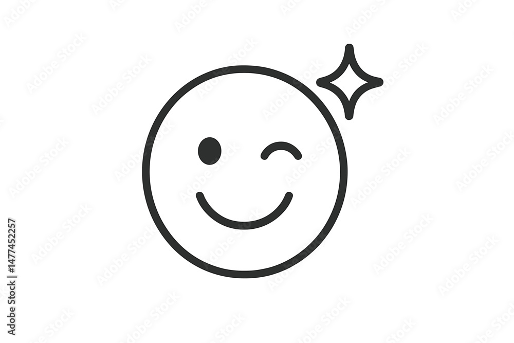 Poster vector icon depicting a smiling emoji with a wink and sparkling effect that conveys positive emotion