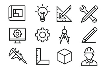 Creative vector icons depicting essential tools and concepts used in design and engineering projects