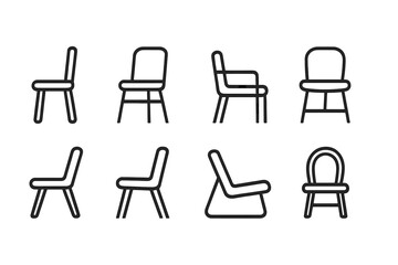 Various vector icon designs of chairs presenting different styles and angles in a minimalist format
