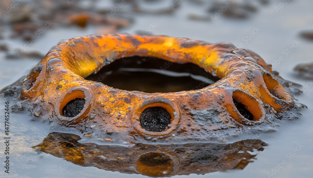 Poster striking close-up of a rusty, hole-ridden object partially submerged in water, reflecting its form. 