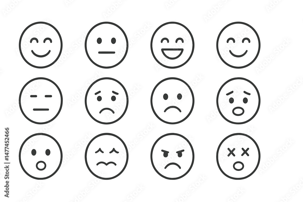 Poster collection of vector icons depicting various facial expressions to convey emotions in design and com