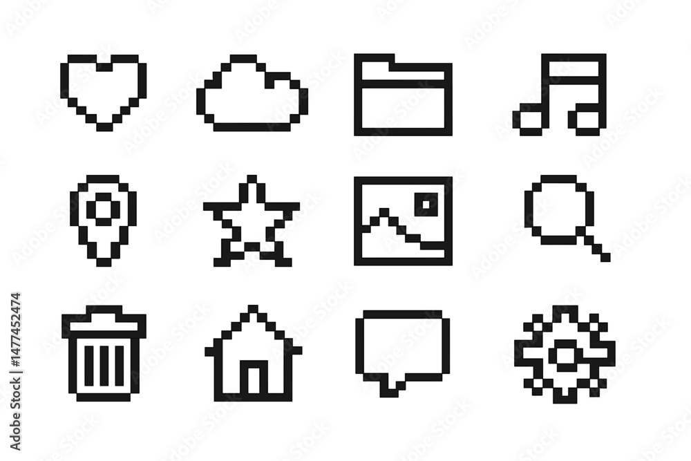 Poster collection of vector icons representing various digital activities and symbols in a minimalist desig