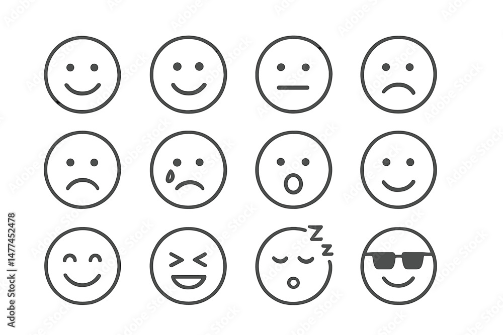 Poster collection of vector icons representing various facial expressions in a minimalist design for visual