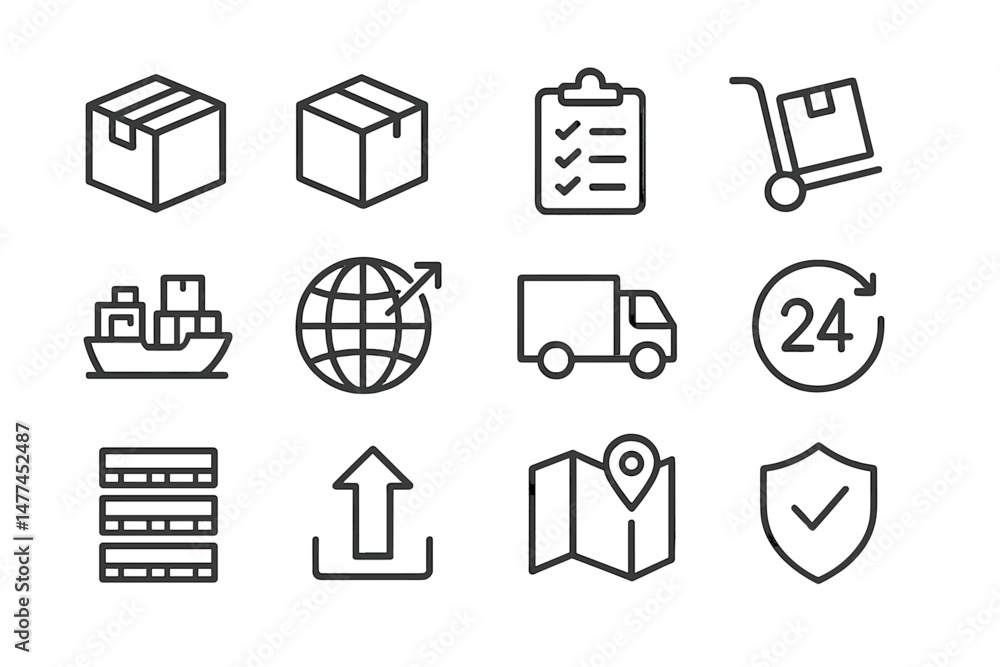 Poster vector icon set illustrating logistics, shipping, and delivery processes with various related symbol