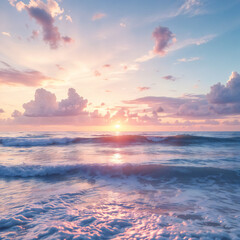 The sun dips below the horizon, painting the sky with hues of orange and pink. Gentle waves roll towards the shore under the dreamy light. 