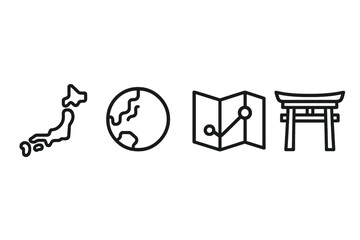 Vector icon set featuring Japan map, globe, data chart, and traditional gate design for travel and geography themes © Alan