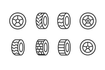 Various vector icons of car tires showcasing different designs and patterns for automotive graphics and illustrations
