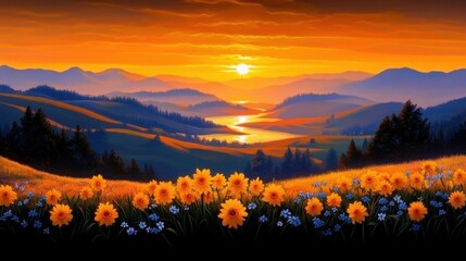 A vibrant sunset illuminates rolling hills, wildflowers, and a winding river beneath a glowing sky.